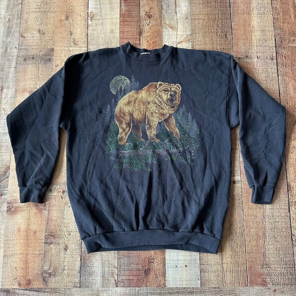 Vintage Black Sweatshirt With Bear & Forest Print Crewneck 1980s Style Unisex
